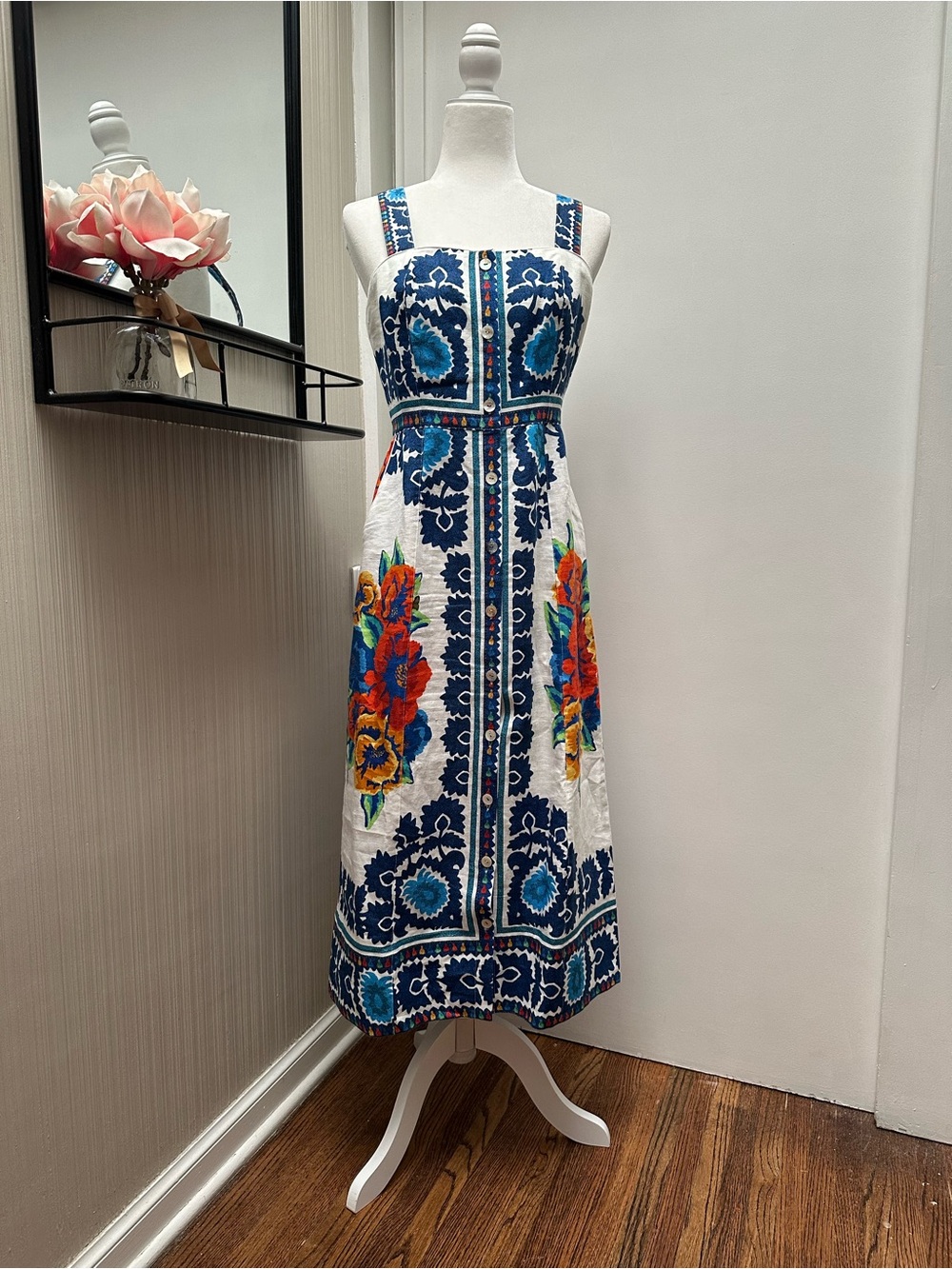 Farm Rio Off-White Flower Tapestry Midi Dress (Medium)